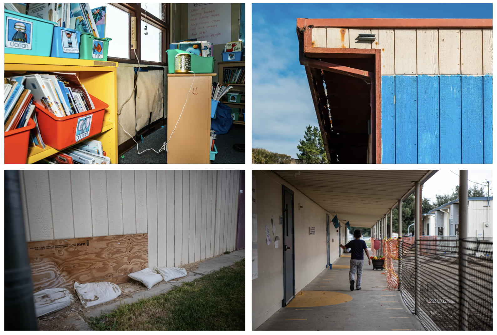 A collage of 4 photos showing water damage from two different schools.