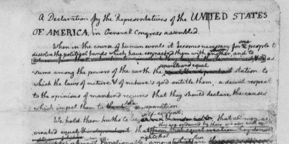 An original rough draft of the Declaration of Independence, in Thomas Jefferson’s handwriting