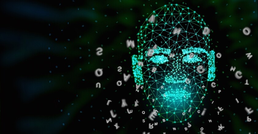 A human face made up of teal dots connected by lines on a black background with letters over the image.