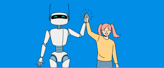 A young girl and a robot high-five.